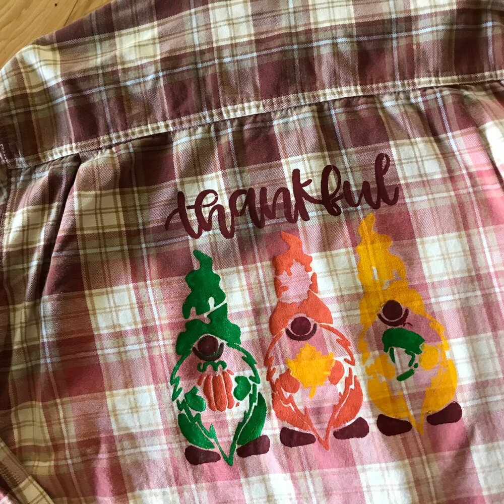 Ombre Bleached Flannel Shirt Upcycled, Painted Thankful Gnomes Plus Size XL - Picture 10 of 12